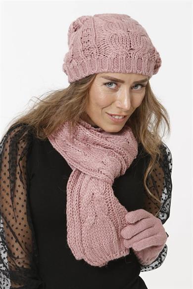 Kadın Triko Örgü Model Pembe Atkı Bere Eldiven Set