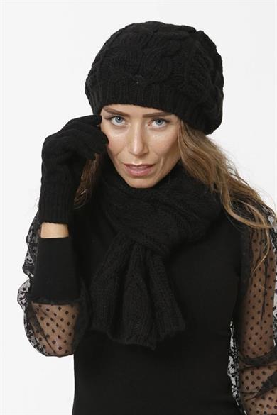 Kadın Triko Örgü Model Siyah Atkı Bere Eldiven Set
