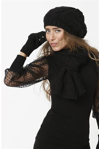 Kadın Triko Örgü Model Siyah Atkı Bere Eldiven Set
