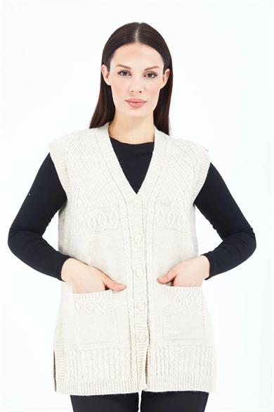 Kadın Triko Yelek Ekru Örgü Cepli Anne Yeleği Anneler Günü