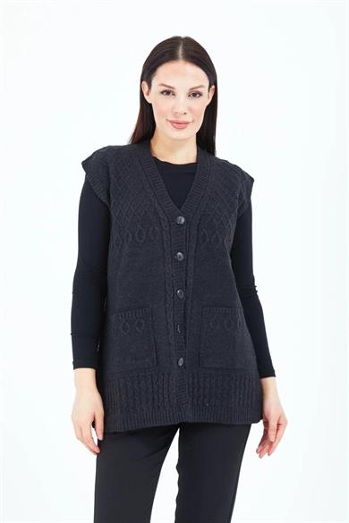 Kadın Triko Yelek Siyah Örgü Cepli Anne Yeleği Anneler Günü