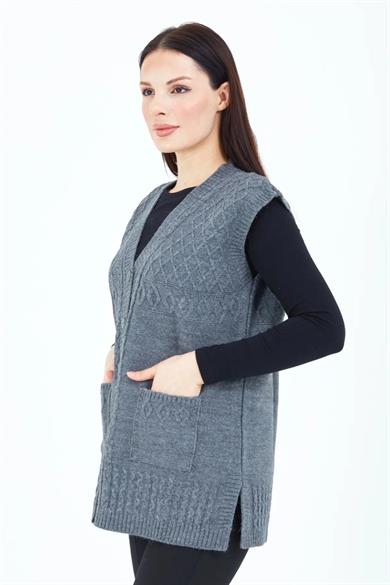 Kadın Triko Yelek Gri Örgü Cepli Anne Yeleği Anneler Günü