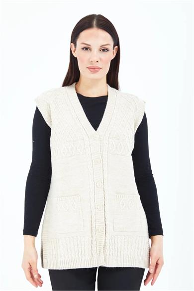 Kadın Triko Yelek Ekru Örgü Cepli Anne Yeleği Anneler Günü