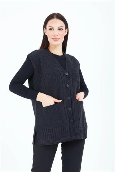 Kadın Triko Yelek Mor Örgü Cepli Anne Yeleği Anneler Günü