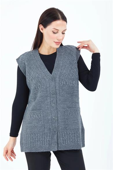 Kadın Triko Yelek Gri Örgü Cepli Anne Yeleği Anneler Günü