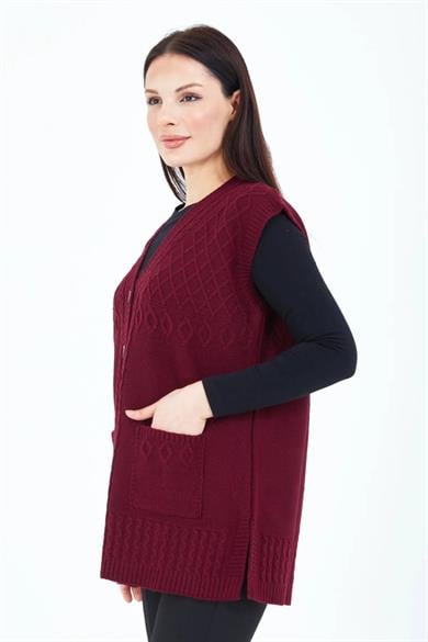 Kadın Triko Yelek Bordo Örgü Cepli Anne Yeleği Anneler Günü