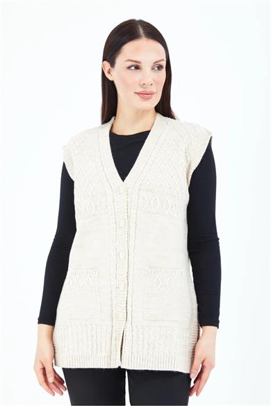 Kadın Triko Yelek Ekru Örgü Cepli Anne Yeleği Anneler Günü