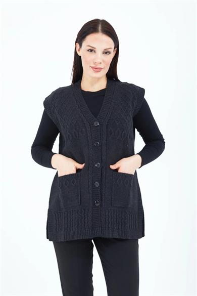 Kadın Triko Yelek Mor Örgü Cepli Anne Yeleği Anneler Günü