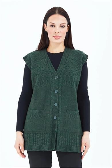 Kadın Triko Yelek Haki Örgü Cepli Anne Yeleği Anneler Günü