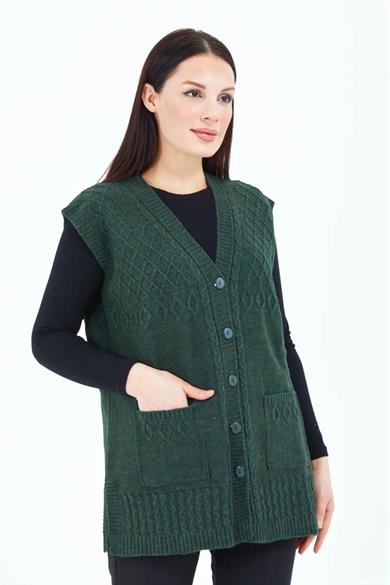 Kadın Triko Yelek Haki Örgü Cepli Anne Yeleği Anneler Günü