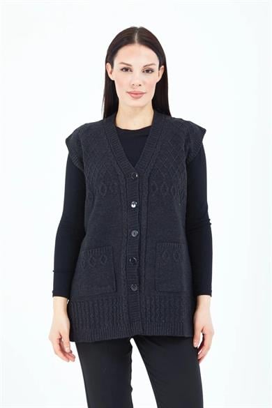 Kadın Triko Yelek Mor Örgü Cepli Anne Yeleği Anneler Günü