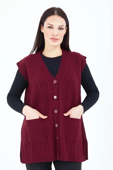 Kadın Triko Yelek Bordo Örgü Cepli Anne Yeleği Anneler Günü