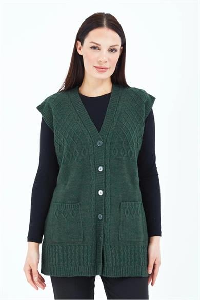 Kadın Triko Yelek Haki Örgü Cepli Anne Yeleği Anneler Günü