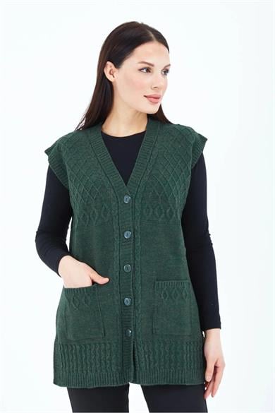 Kadın Triko Yelek Haki Örgü Cepli Anne Yeleği Anneler Günü