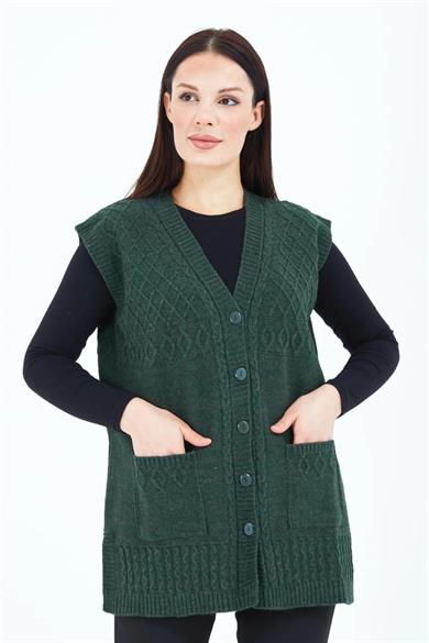 Kadın Triko Yelek Haki Örgü Cepli Anne Yeleği Anneler Günü