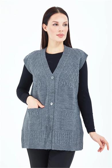 Kadın Triko Yelek Gri Örgü Cepli Anne Yeleği Anneler Günü