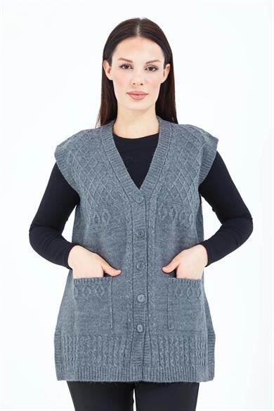 Kadın Triko Yelek Gri Örgü Cepli Anne Yeleği Anneler Günü