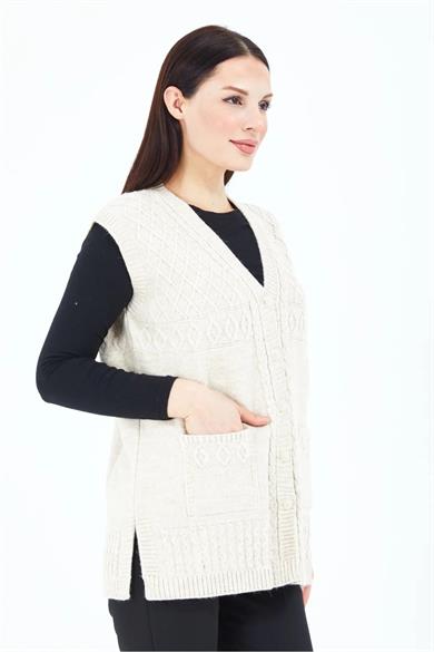 Kadın Triko Yelek Ekru Örgü Cepli Anne Yeleği Anneler Günü
