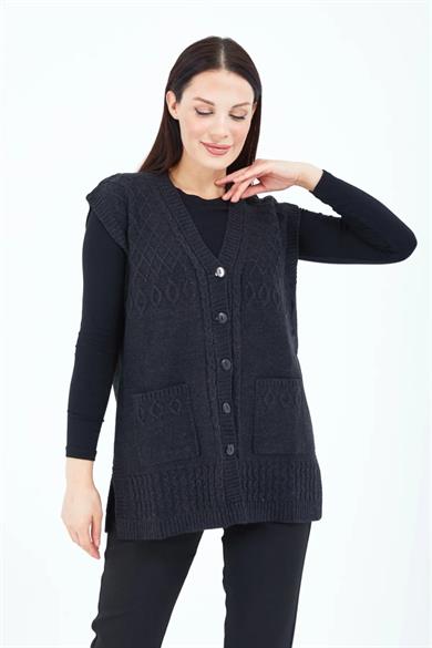 Kadın Triko Yelek Siyah Örgü Cepli Anne Yeleği Anneler Günü