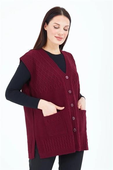 Kadın Triko Yelek Bordo Örgü Cepli Anne Yeleği Anneler Günü