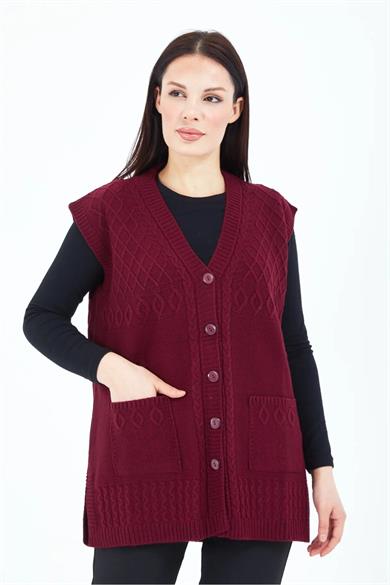 Kadın Triko Yelek Bordo Örgü Cepli Anne Yeleği Anneler Günü