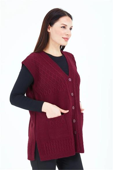 Kadın Triko Yelek Bordo Örgü Cepli Anne Yeleği Anneler Günü