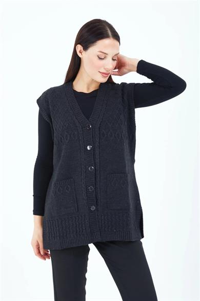 Kadın Triko Yelek Siyah Örgü Cepli Anne Yeleği Anneler Günü