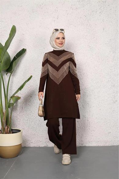 KADIN UZUN BİSİKLET YAKA TRİKO KENDİNDEN simli DESENLİ TUNİK TRİKO KAZAK