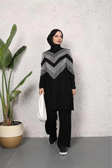 KADIN UZUN BİSİKLET YAKA TRİKO KENDİNDEN simli DESENLİ TUNİK TRİKO KAZAK