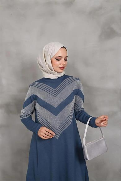 KADIN UZUN BİSİKLET YAKA TRİKO KENDİNDEN simli DESENLİ TUNİK TRİKO KAZAK