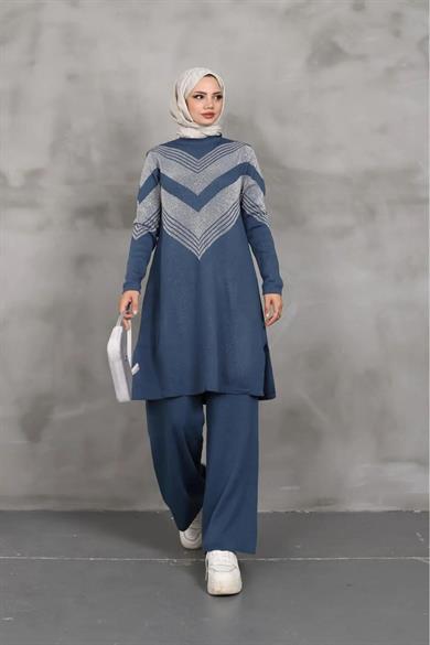 KADIN UZUN BİSİKLET YAKA TRİKO KENDİNDEN simli DESENLİ TUNİK TRİKO KAZAK