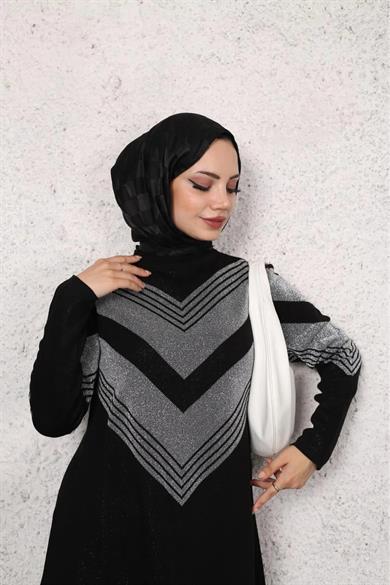 KADIN UZUN BİSİKLET YAKA TRİKO KENDİNDEN simli DESENLİ TUNİK TRİKO KAZAK