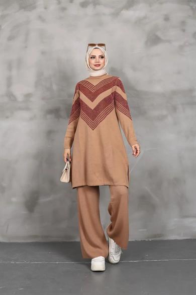 KADIN UZUN BİSİKLET YAKA TRİKO KENDİNDEN simli DESENLİ TUNİK TRİKO KAZAK