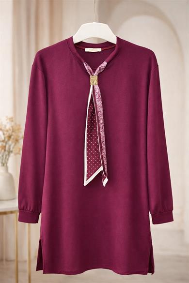 Kadın Uzun Kollu Fular Aksesuarlı Bordo Günlük Tunik