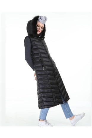 KADIN UZUN ŞİŞME SİYAH KAPÜŞONLU YELEK