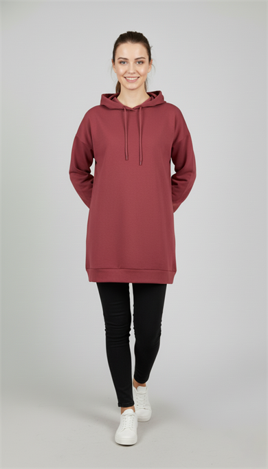 Kadın Vişne Rengi Basic Oversize Kapüşonlu Çan Model Sweatshirt