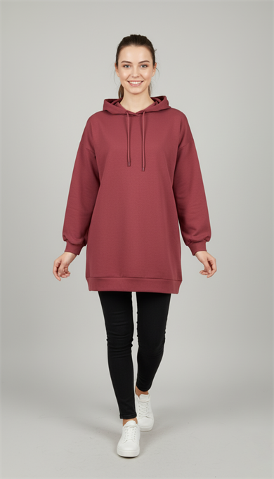 Kadın Vişne Rengi Basic Oversize Kapüşonlu Çan Model Sweatshirt
