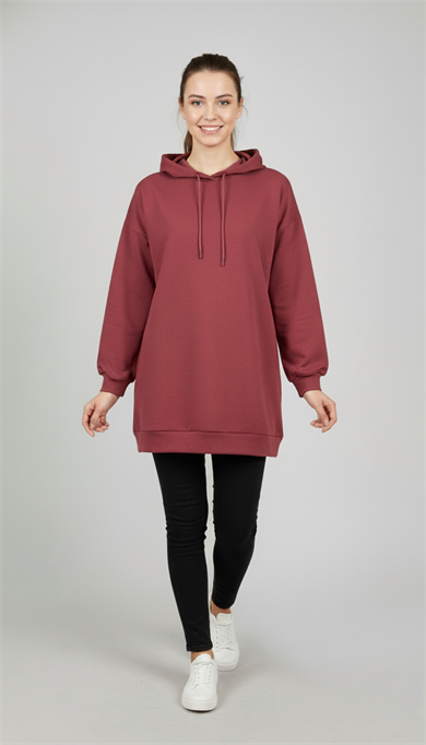 Kadın Vişne Rengi Basic Oversize Kapüşonlu Çan Model Sweatshirt