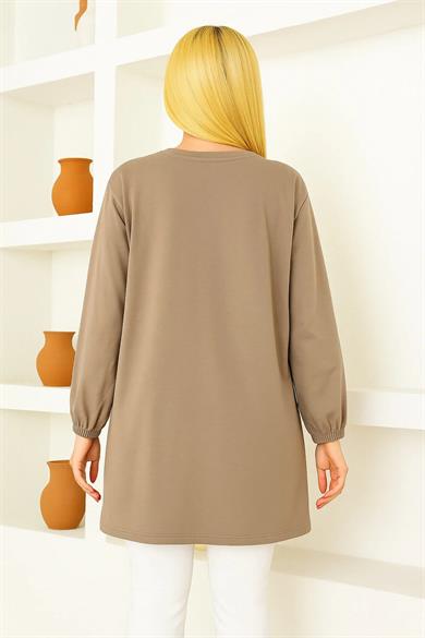 Kadın Vizon Oversize Çiçek Desenli Tunik Tişört – Uzun Kollu, Yuvarlak Yaka, Rahat Kesim