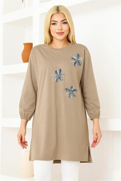 Kadın Vizon Oversize Çiçek Desenli Tunik Tişört – Uzun Kollu, Yuvarlak Yaka, Rahat Kesim