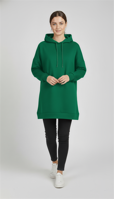 Kadın Yeşil Basic Oversize Kapüşonlu Çan Model Sweatshirt