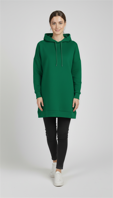 Kadın Yeşil Basic Oversize Kapüşonlu Çan Model Sweatshirt
