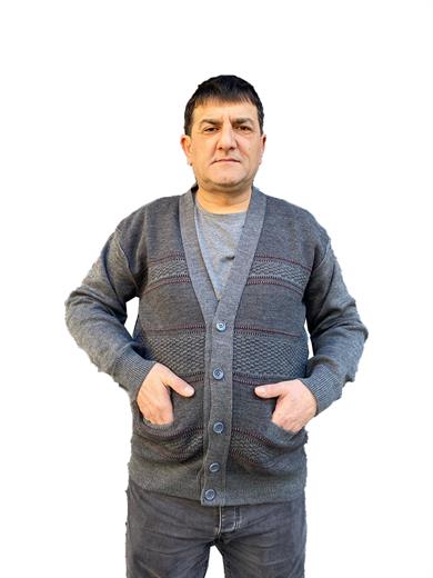 Baba Desenli Düğmeli Kışlık Gri Hırka