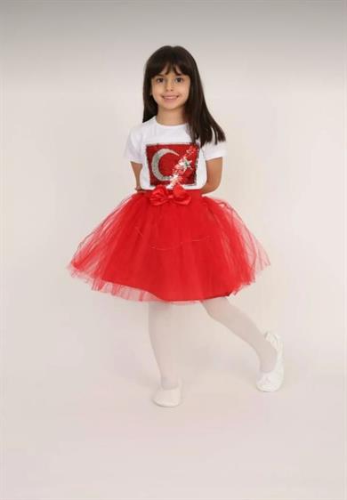 Kız Çocuk 23 Nisan 29 Ekim 10 Kasım 19 Mayıs Gösteri Kıyafeti Desenli T-shirt Etek Takım