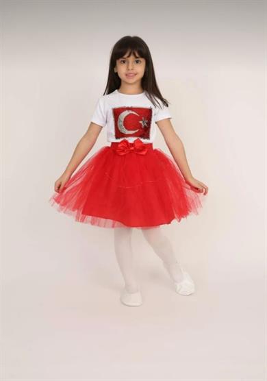 Kız Çocuk 23 Nisan 29 Ekim 10 Kasım 19 Mayıs Gösteri Kıyafeti Desenli T-shirt Etek Takım