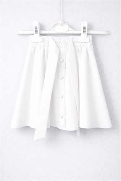 Kız Çocuk Beyaz Düğme Detaylı Belden Bağlamalı Fiyonklu Kloş Etek 23 Nisan 29 Ekim Gösteri Etek