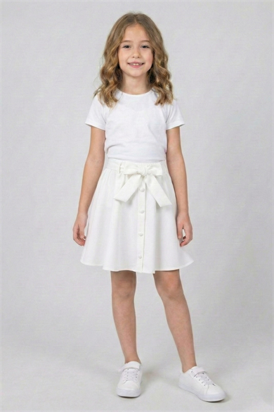 Kız Çocuk Beyaz Düğme Detaylı Belden Bağlamalı Fiyonklu Kloş Etek 23 Nisan 29 Ekim Gösteri Etek