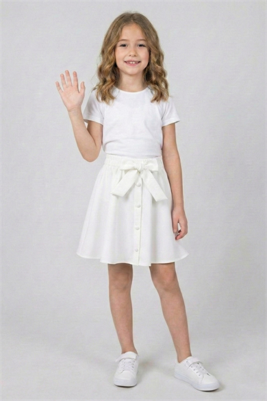 Kız Çocuk Beyaz Düğme Detaylı Belden Bağlamalı Fiyonklu Kloş Etek 23 Nisan 29 Ekim Gösteri Etek