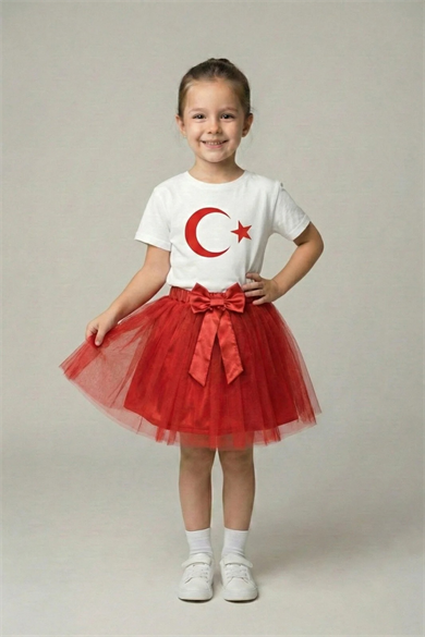 Kız Çocuk Beyaz Kısa Kol Ay Yıldız Tişört Kırmızı Tütü Etek Takım 23 Nisan Gösteri Kıyafeti