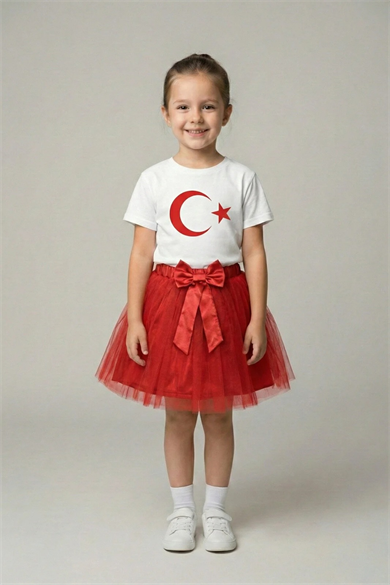 Kız Çocuk Beyaz Kısa Kol Ay Yıldız Tişört Kırmızı Tütü Etek Takım 23 Nisan Gösteri Kıyafeti